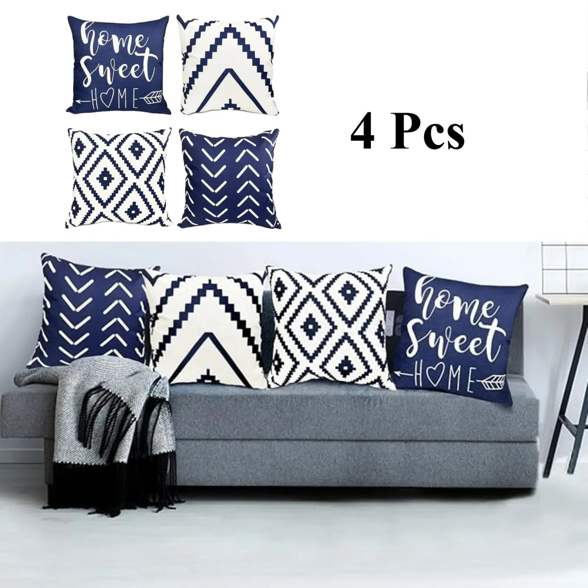 Blue Geometric Throw Pillow Covers - Set of 4, 18x18 Inch Linen Cases for Home Decor