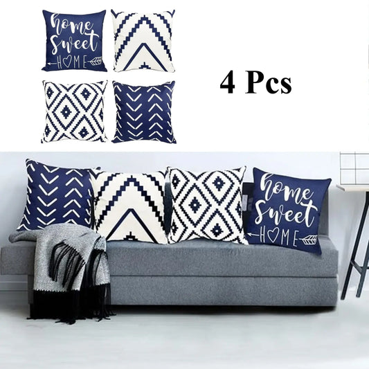 Blue Geometric Throw Pillow Covers - Set of 4, 18x18 Inch Linen Cases for Home Decor