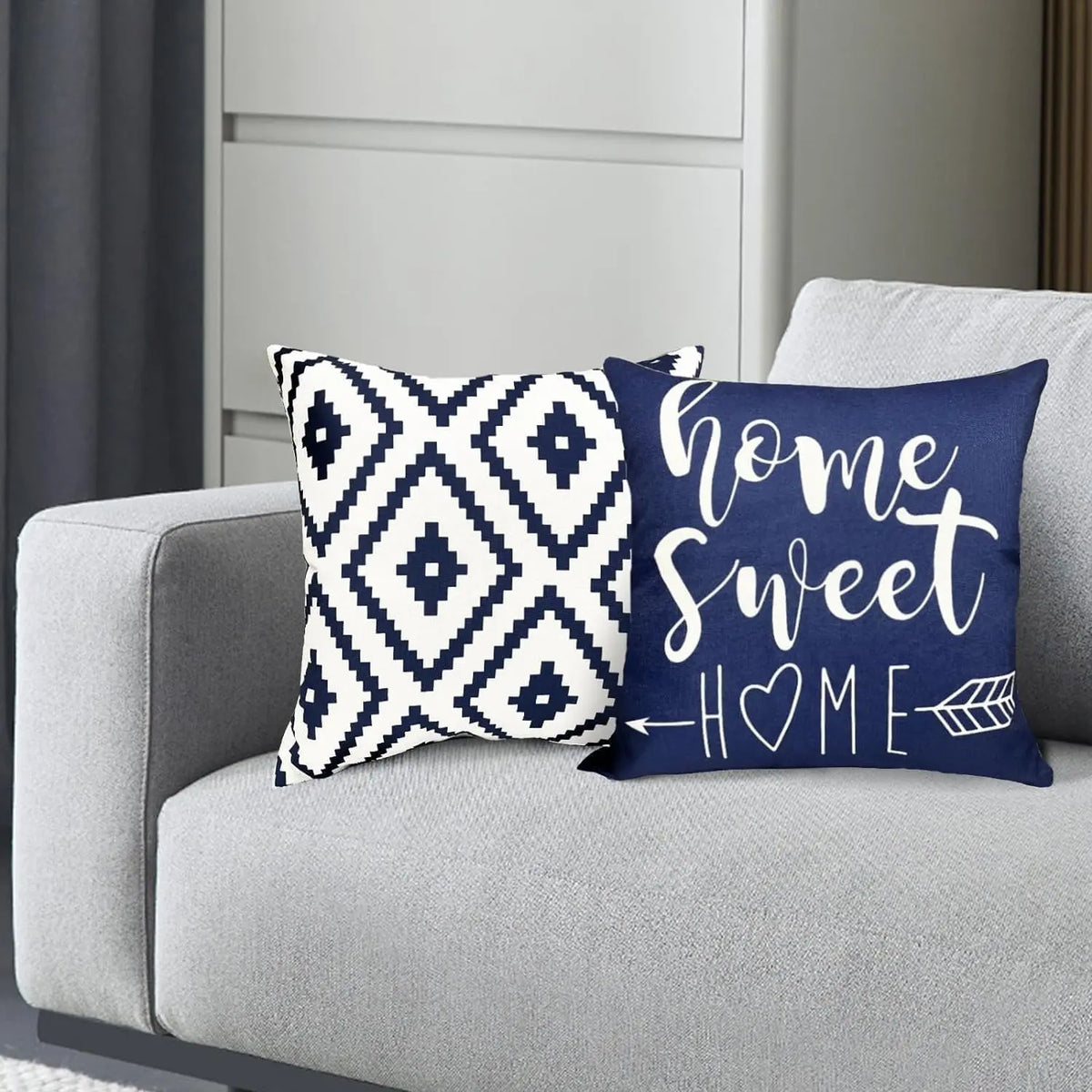Blue Geometric Throw Pillow Covers - Set of 4, 18x18 Inch Linen Cases for Home Decor