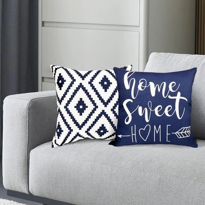 Blue Geometric Throw Pillow Covers - Set of 4, 18x18 Inch Linen Cases for Home Decor