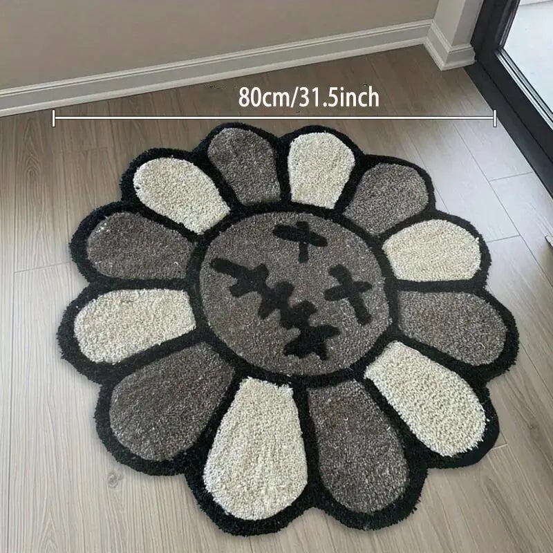 Round Floral Smiling Face Rug - Gothic Decorative Velvet Mat for Living Room, Bedroom & More