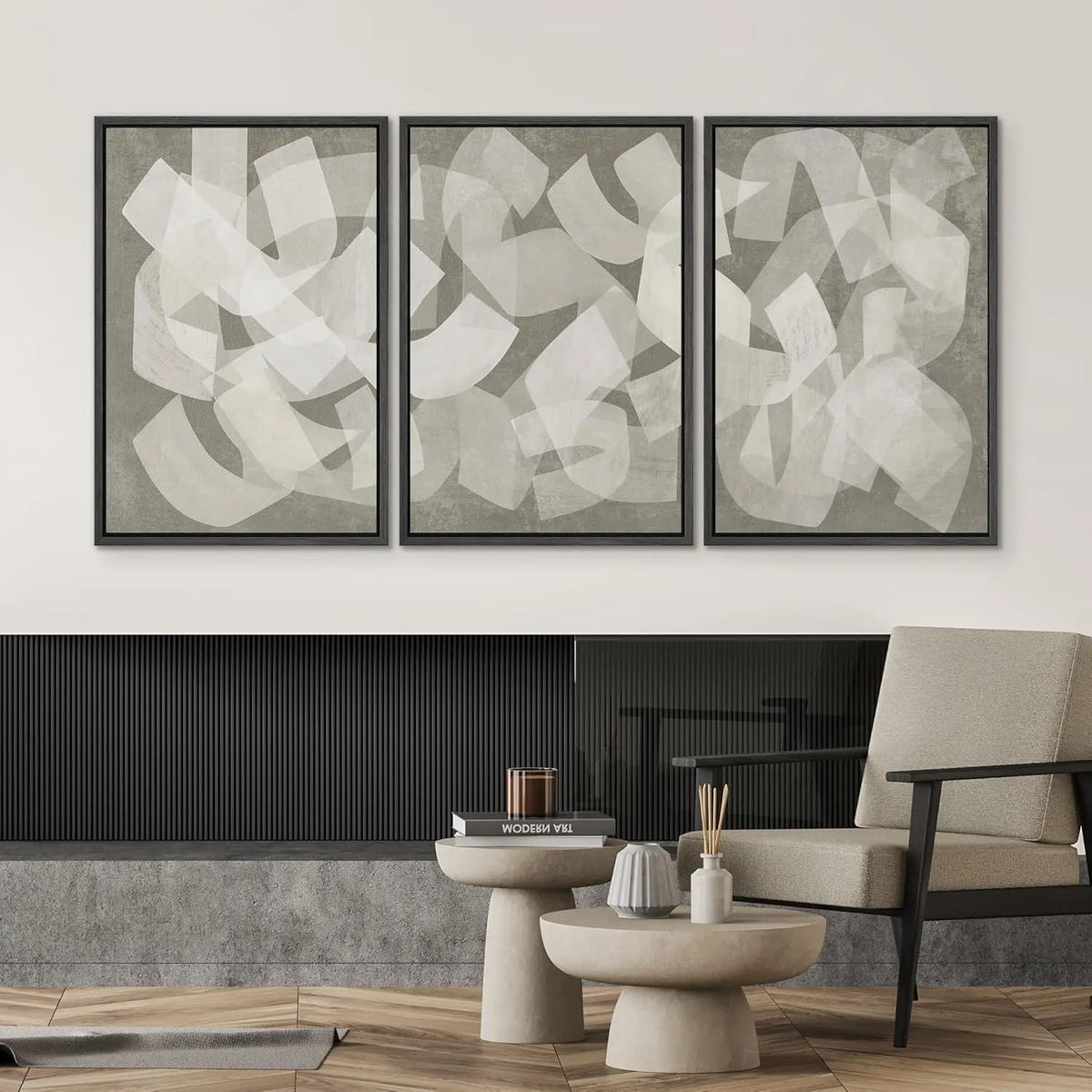 Framed Canvas Print Set - Abstract Geometric Art in Calming Neutral Tones - 16" x 24" x 3