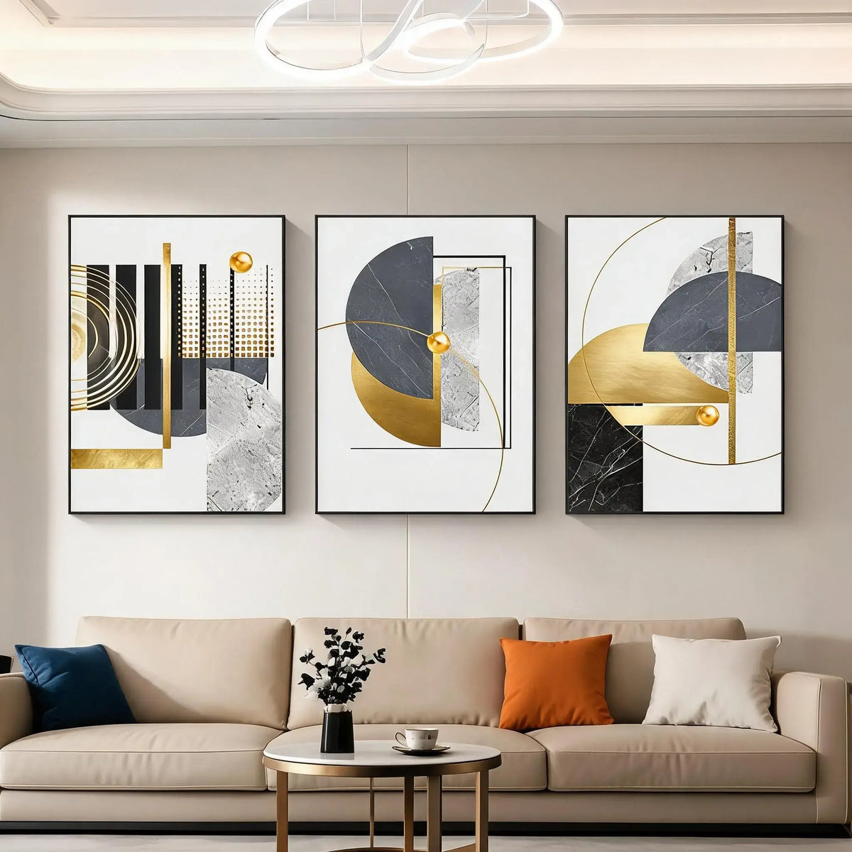 3-Piece Frameless Golden Abstract Geometric Canvas Art Set for Modern Home Decor