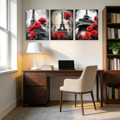 3-Piece Framed Canvas Art Set Featuring the Eiffel Tower and Red Gray Roses