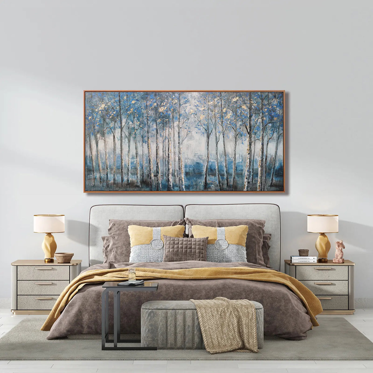 Framed Modern Grey Blue and Gold Foil Forest Canvas Oil Painting