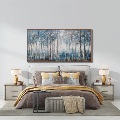 Framed Modern Grey Blue and Gold Foil Forest Canvas Oil Painting
