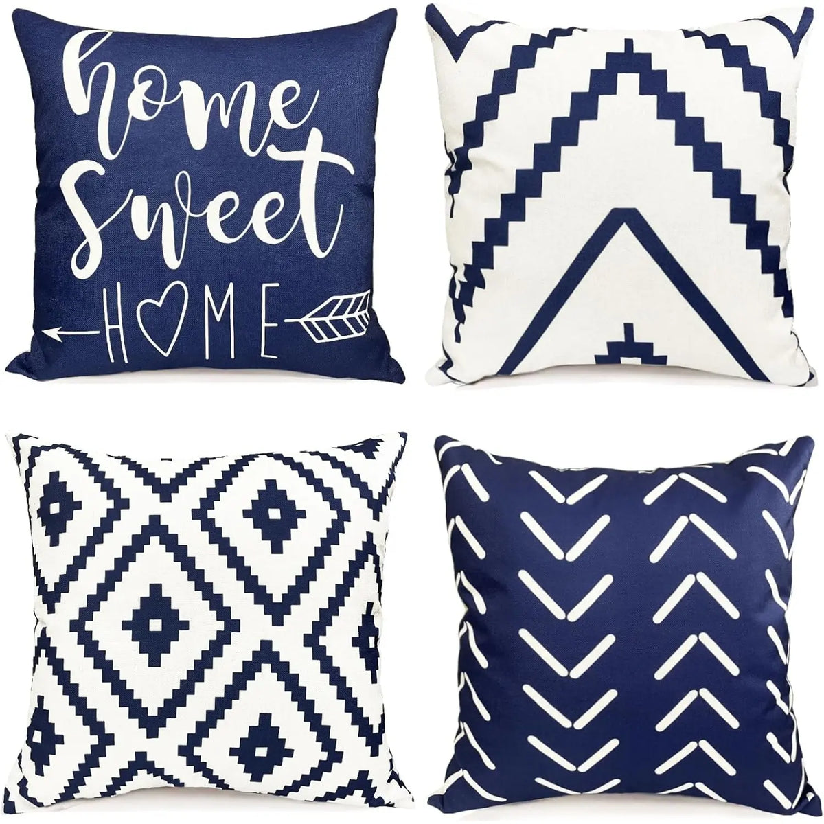 Blue Geometric Throw Pillow Covers - Set of 4, 18x18 Inch Linen Cases for Home Decor