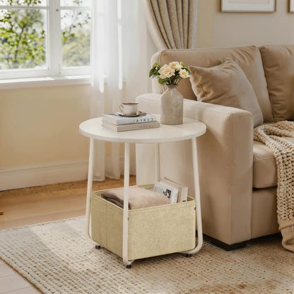 Flycity Modern Round Side Table - White Finish with Fabric Basket for Storage