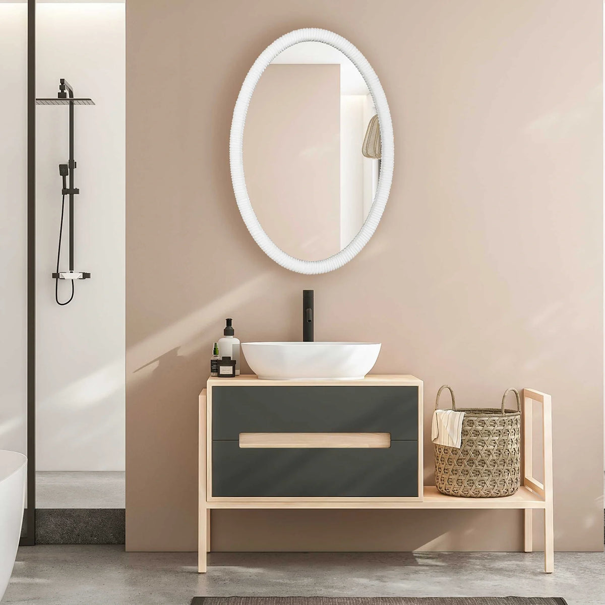 White Ribbed Oval Mirror
