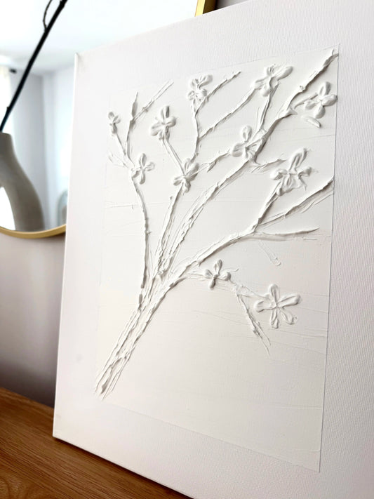 Handmade 3D Floral Cherry Blossom Canvas Art - 11x14 Inches of Minimalist Elegance