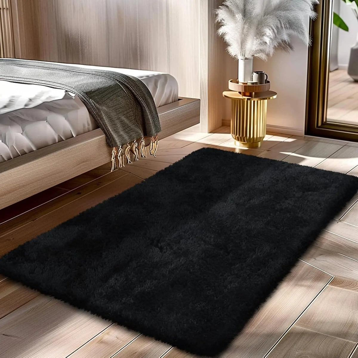 Black Fluffy Shag Area Rug - 2x4 Soft and Throw Rug for Bedroom, Living Room, and Kids' Rooms