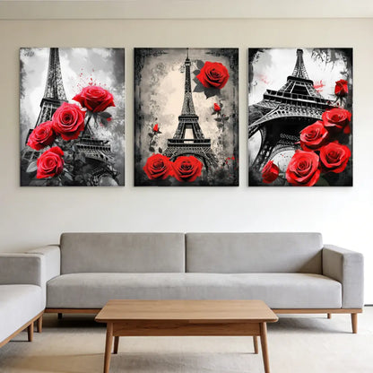 3-Piece Framed Canvas Art Set Featuring the Eiffel Tower and Red Gray Roses