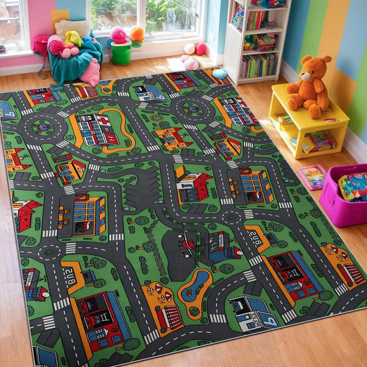 Cartoon City Pattern Area Rug - Soft, Non-Slip Floor Mat for Living Room, Bedroom, or Nursery