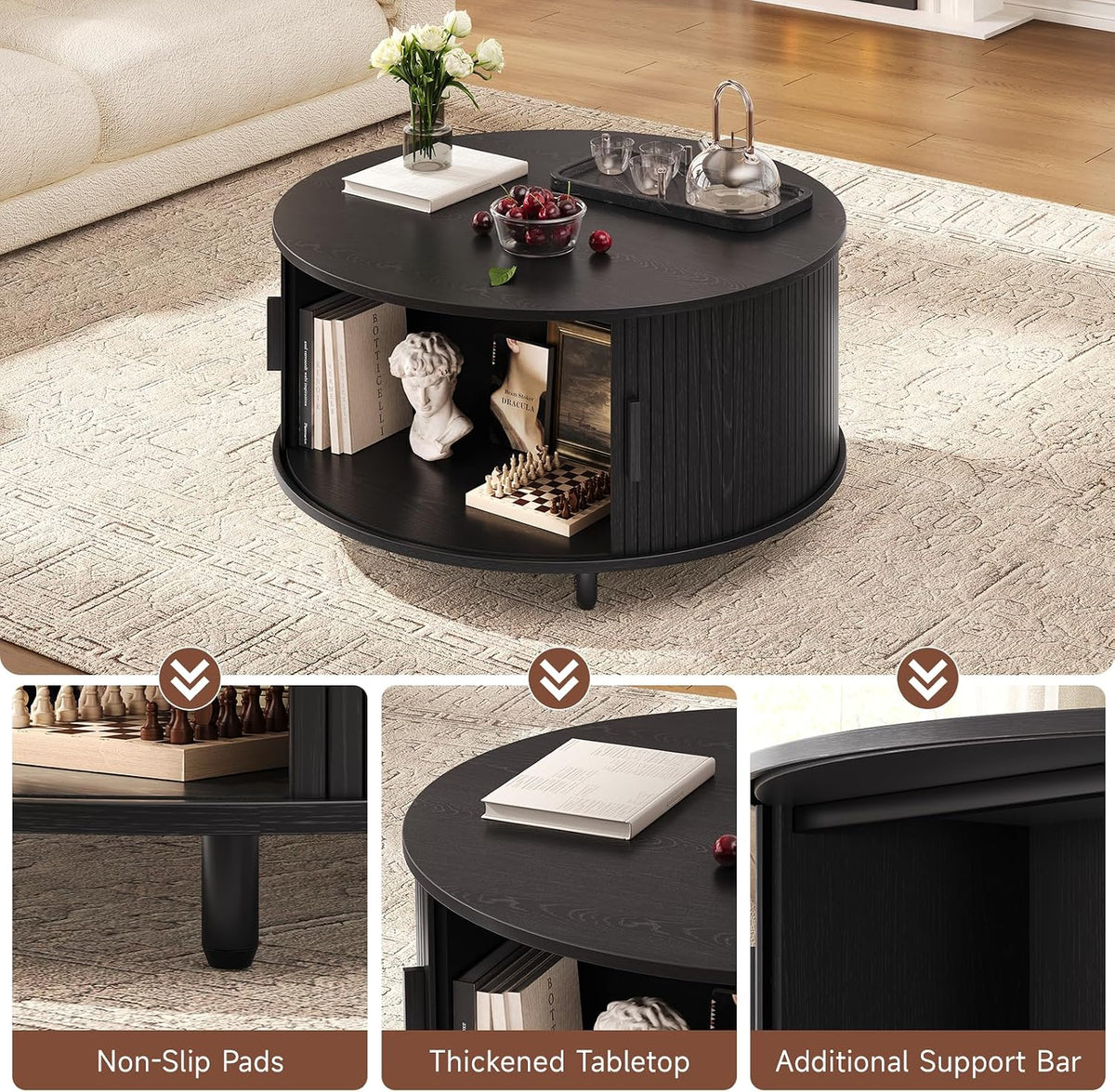 31.5" Round Black Coffee Table with Fluted Design