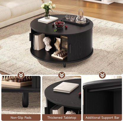 31.5" Round Black Coffee Table with Fluted Design
