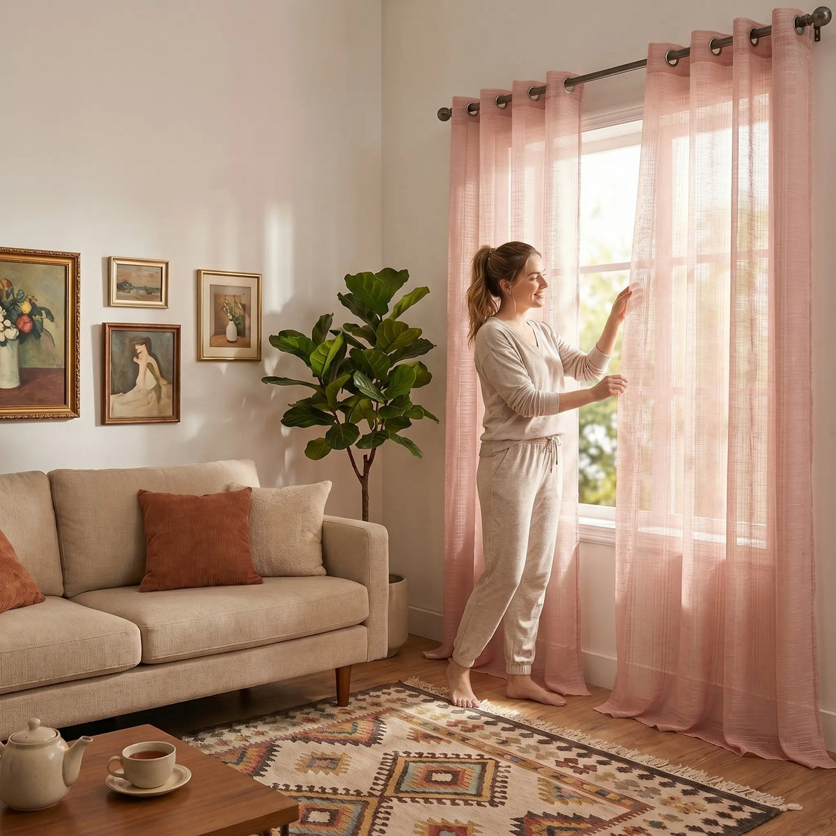 Slub Yarn Semi-Sheer Curtains 52" × 95" | Set of 2 Extra-Long Light-Filtering Grommet Panels | Fifteen Colourways