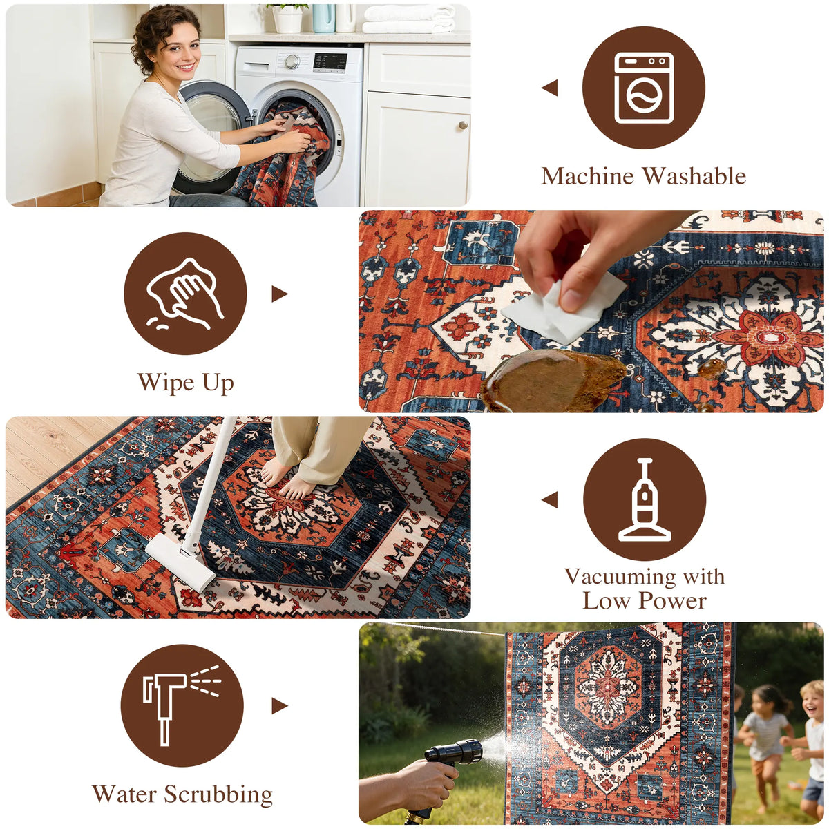 Shilucheng Boho Washable Area Rug | Low Pile, Non-Slip Rubber Backing | 8 Colourways, Sizes 2×3 to 9×12