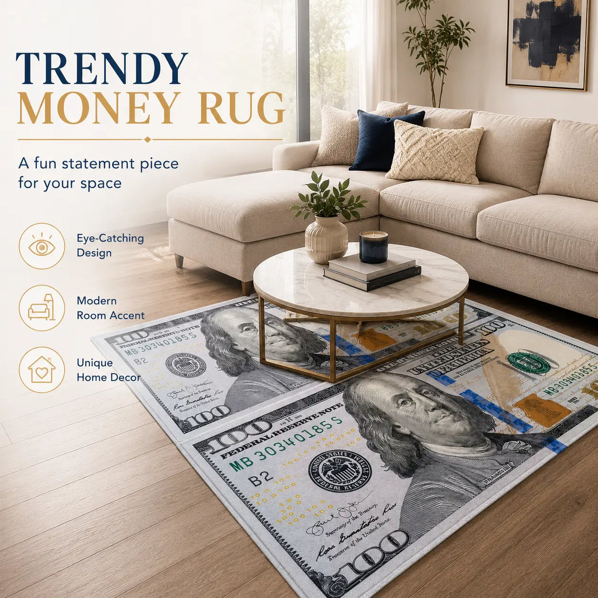 Aisoon 100 Dollar Bill Print Area Rug - Durable, Non-Slip, and Stain-Resistant Indoor Decorative Rug in Two Sizes for Entryways and Bedrooms