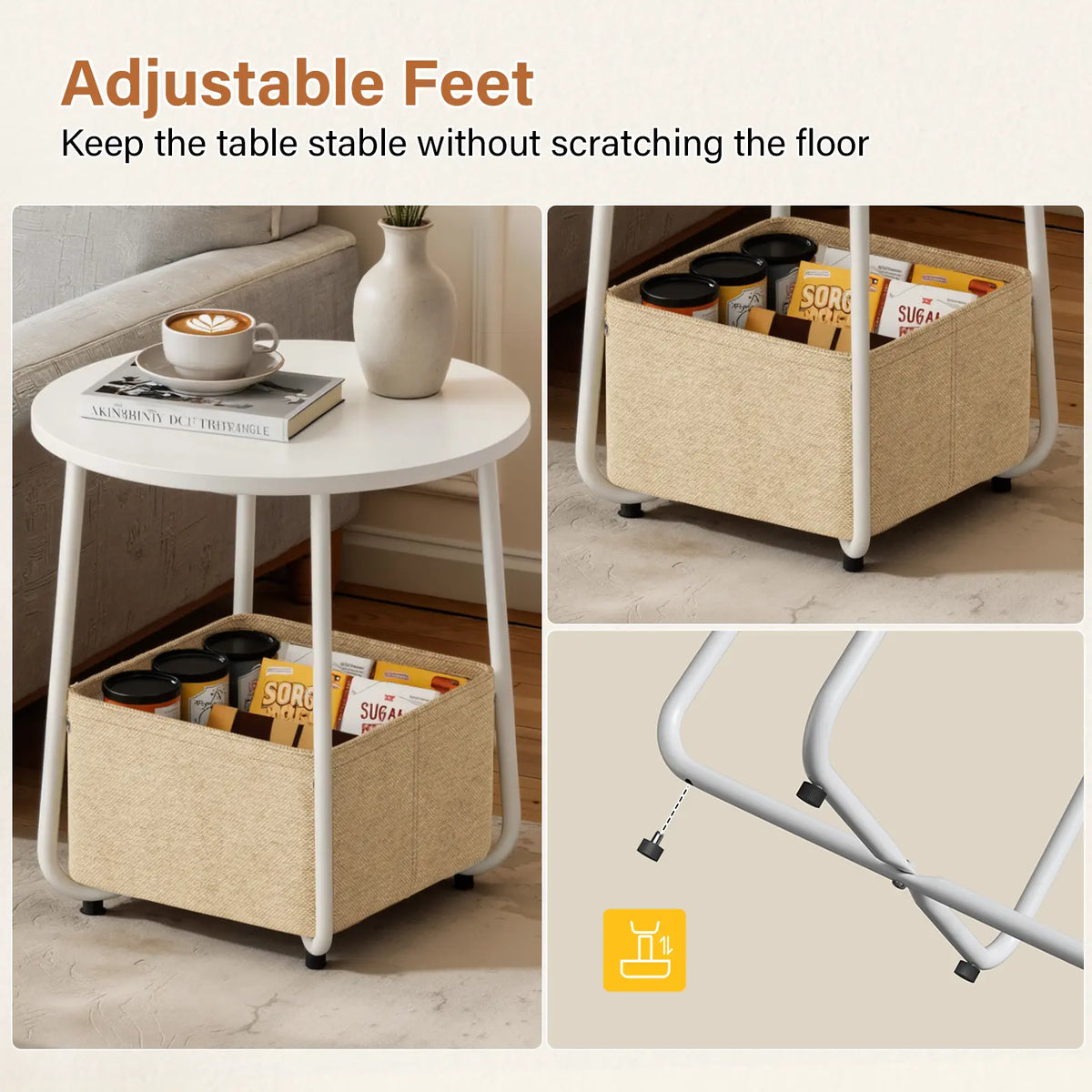 Flycity Modern Round Side Table - White Finish with Fabric Basket for Storage