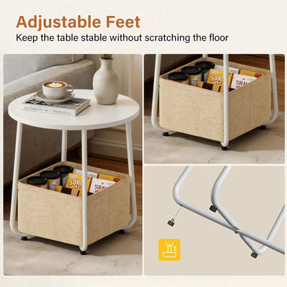 Flycity Modern Round Side Table - White Finish with Fabric Basket for Storage