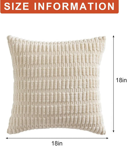 Soft Striped Corduroy Throw Pillow Covers - Set of 2 (18x18 Inch, Cream White)
