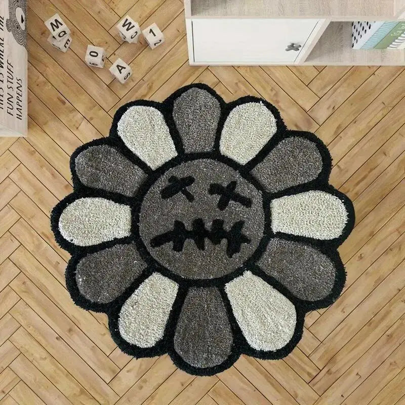 Round Floral Smiling Face Rug - Gothic Decorative Velvet Mat for Living Room, Bedroom & More