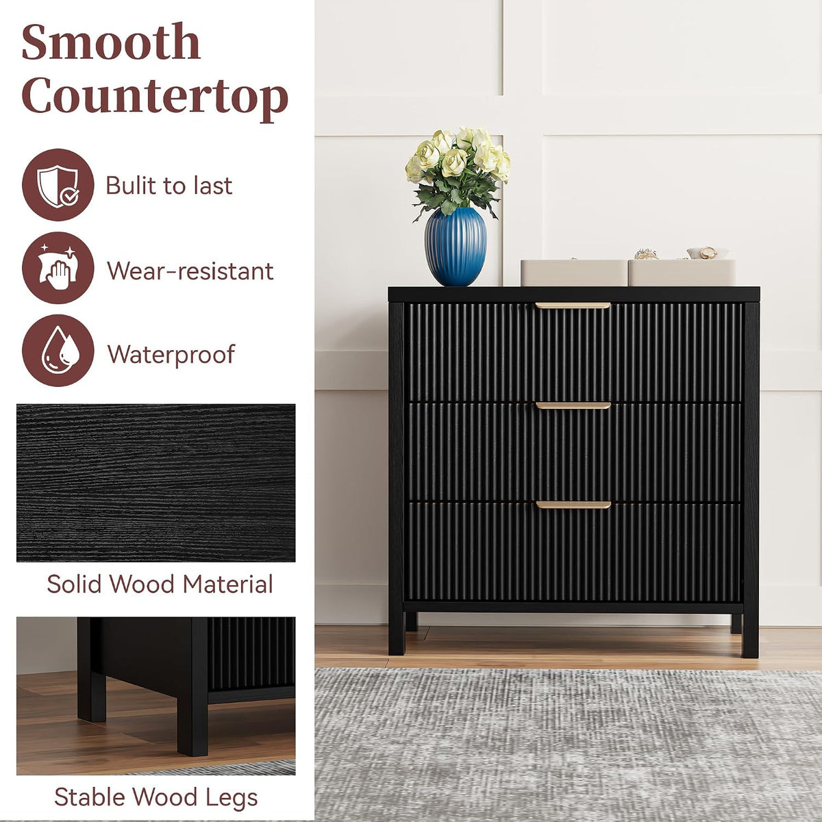 Mid-Century Fluted Nightstand with 3 Spacious Drawers - Black Wooden Bedside Table for Your Bedroom