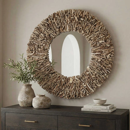 Round Interwoven Wood Mirror