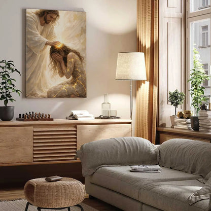 Healed by Him Christian Art Canvas - Jesus and Woman Wall Art for Your Home