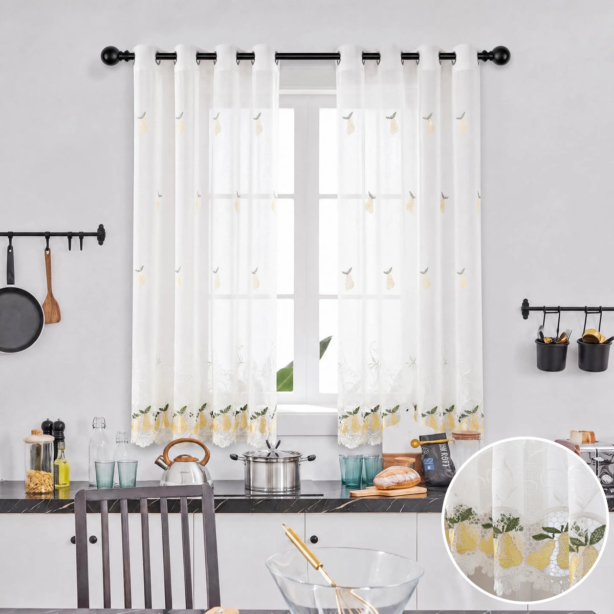 2 Panels 52"X60" Water Soluble Embroidery Lace Grommet Curtains,Farmhouse Sheer Drapes,Linen Textured Sheer Curtain,Short Window Curtains,Fruit Designs Lace Embroidery Metal Grommet Light Filtering Window Voile for Dedroom Bathroom Decor SR00