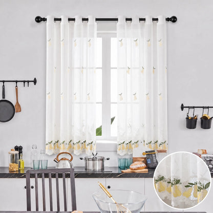 2 Panels 52"X60" Water Soluble Embroidery Lace Grommet Curtains,Farmhouse Sheer Drapes,Linen Textured Sheer Curtain,Short Window Curtains,Fruit Designs Lace Embroidery Metal Grommet Light Filtering Window Voile for Dedroom Bathroom Decor SR00