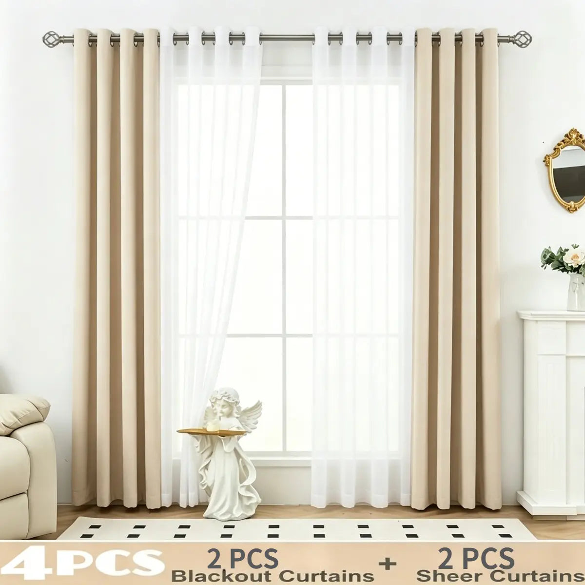 4 Panels Blackout Curtain Set – 2 Blackout Curtains + 2 Semi Sheer Curtains for Style and Light Control in Any Room