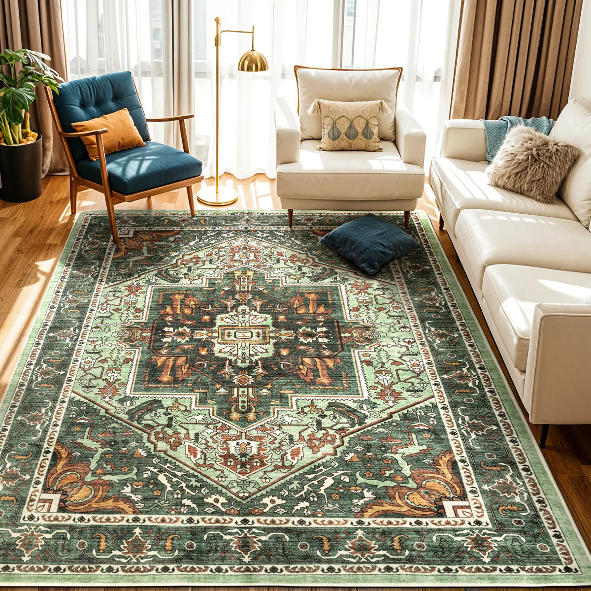Neutral Vintage Washable Area Rug | Non-Slip, Machine Washable | Sizes 2×3 to 8×10