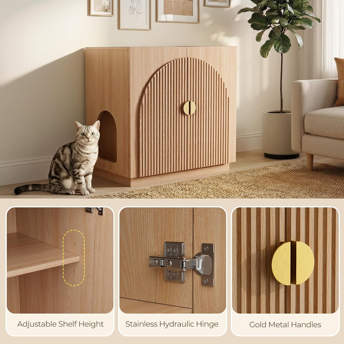 Large Cat Litter Box Enclosure with Storage - Fluted Design and Adjustable Features in Natural Finish