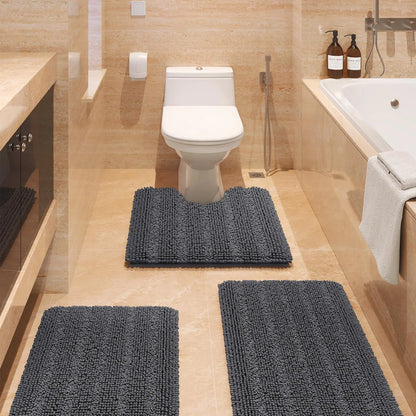 Accumtek Soft Striped Chenille Bath Rug Set - 3 Plush, Non-Slip Mats for Comfort and Style