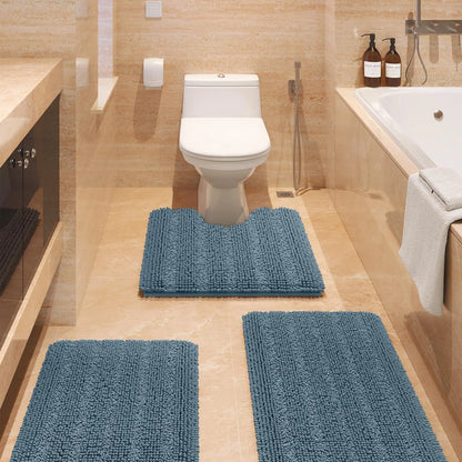 Transform Your Bathroom with the ACCUMTEK Luxurious Soft Striped Chenille Bath Rug Set - 3 Plush, Non-Slip Mats for Ultimate Comfort and Style