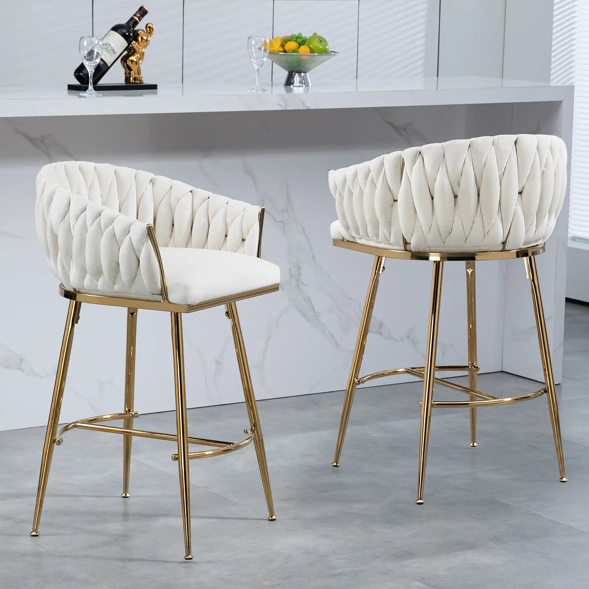 Dreamzon 26" Adjustable Velvet Counter Stools - Beige Chairs with Hand-Wave Back and Golden Chrome Base