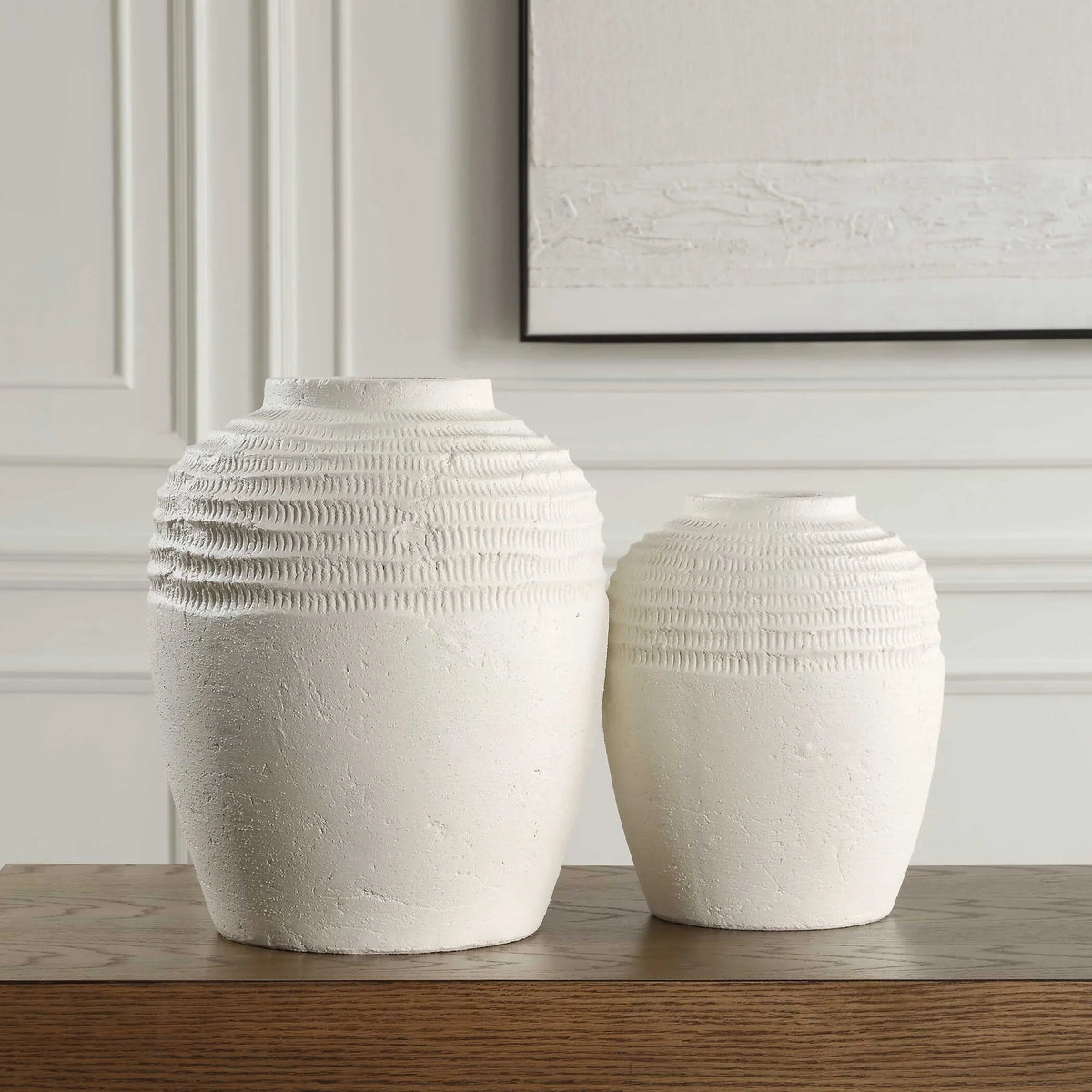 Ridge White Ceramic Vases Set/2