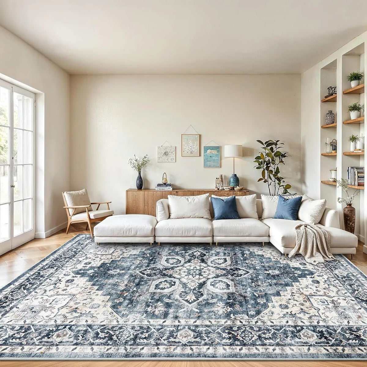 Homefurnishing 8X10 Washable Vintage Floral Area Rug - Non-Slip Backing & Durable Edge Binding for Living Room, Bedroom & Dining Room