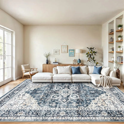 Homefurnishing 8X10 Washable Vintage Floral Area Rug - Non-Slip Backing & Durable Edge Binding for Living Room, Bedroom & Dining Room