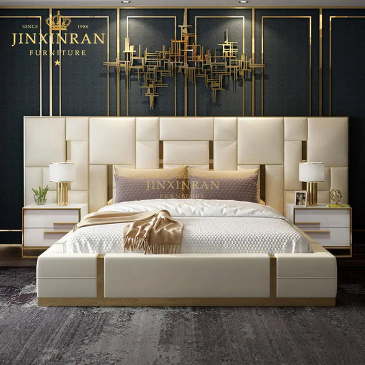 High End Modern Luxury Soft Bed Frame Bedroom Set Genuine Double Leather King Queen Size Bed