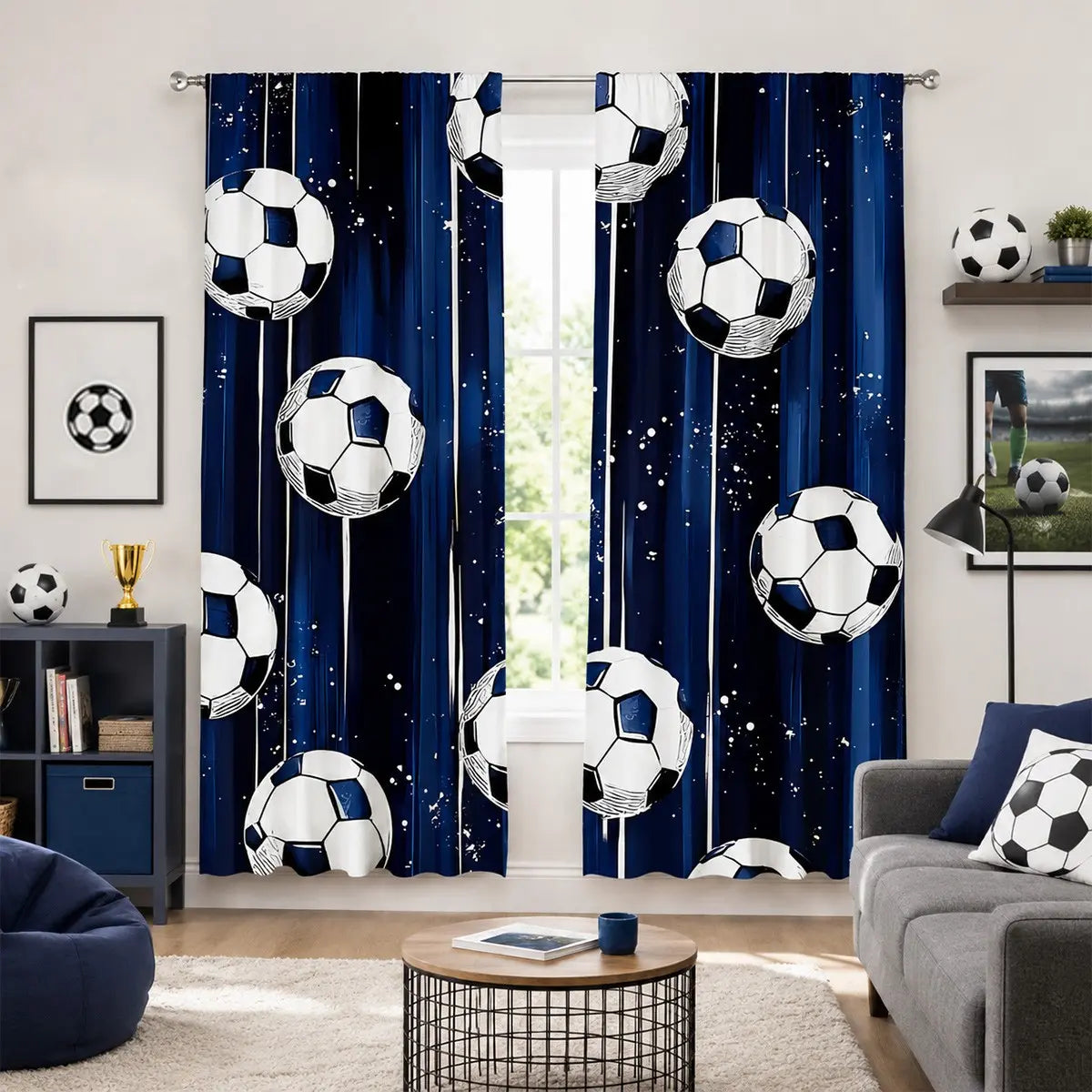 2Pcs Blue Soccer Curtains - Thermal Insulated Blackout Drapes with Stars for Boys' Bedrooms and Game Rooms