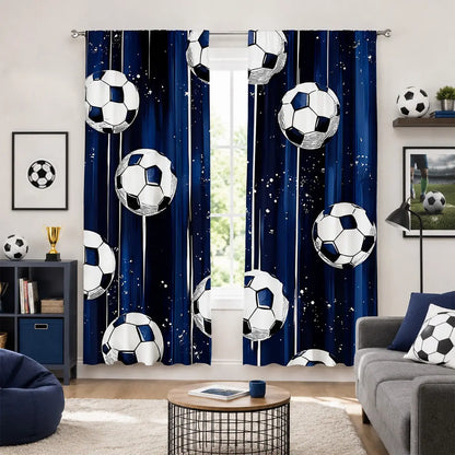2Pcs Blue Soccer Curtains - Thermal Insulated Blackout Drapes with Stars for Boys' Bedrooms and Game Rooms