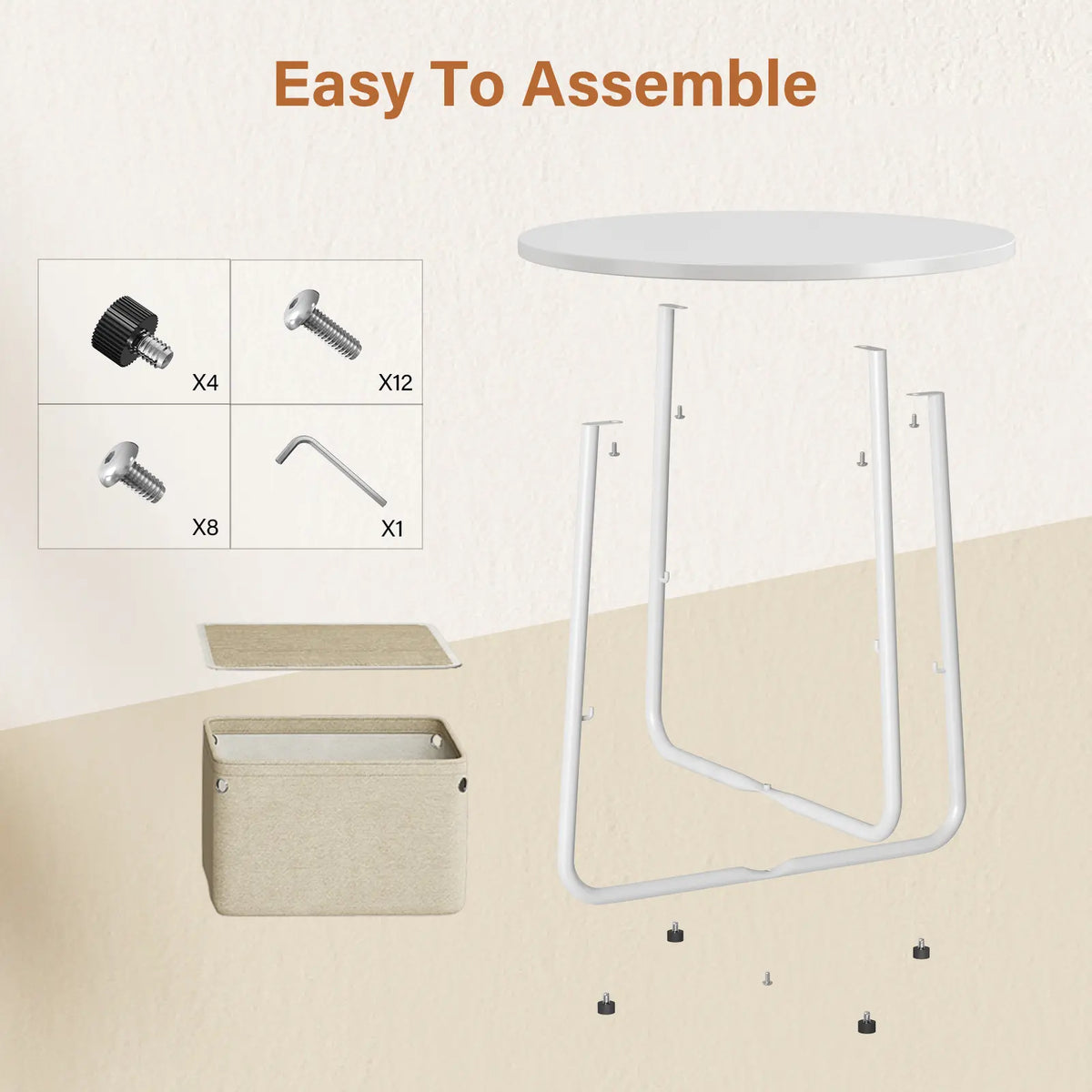 Flycity Modern Round Side Table - White Finish with Fabric Basket for Storage