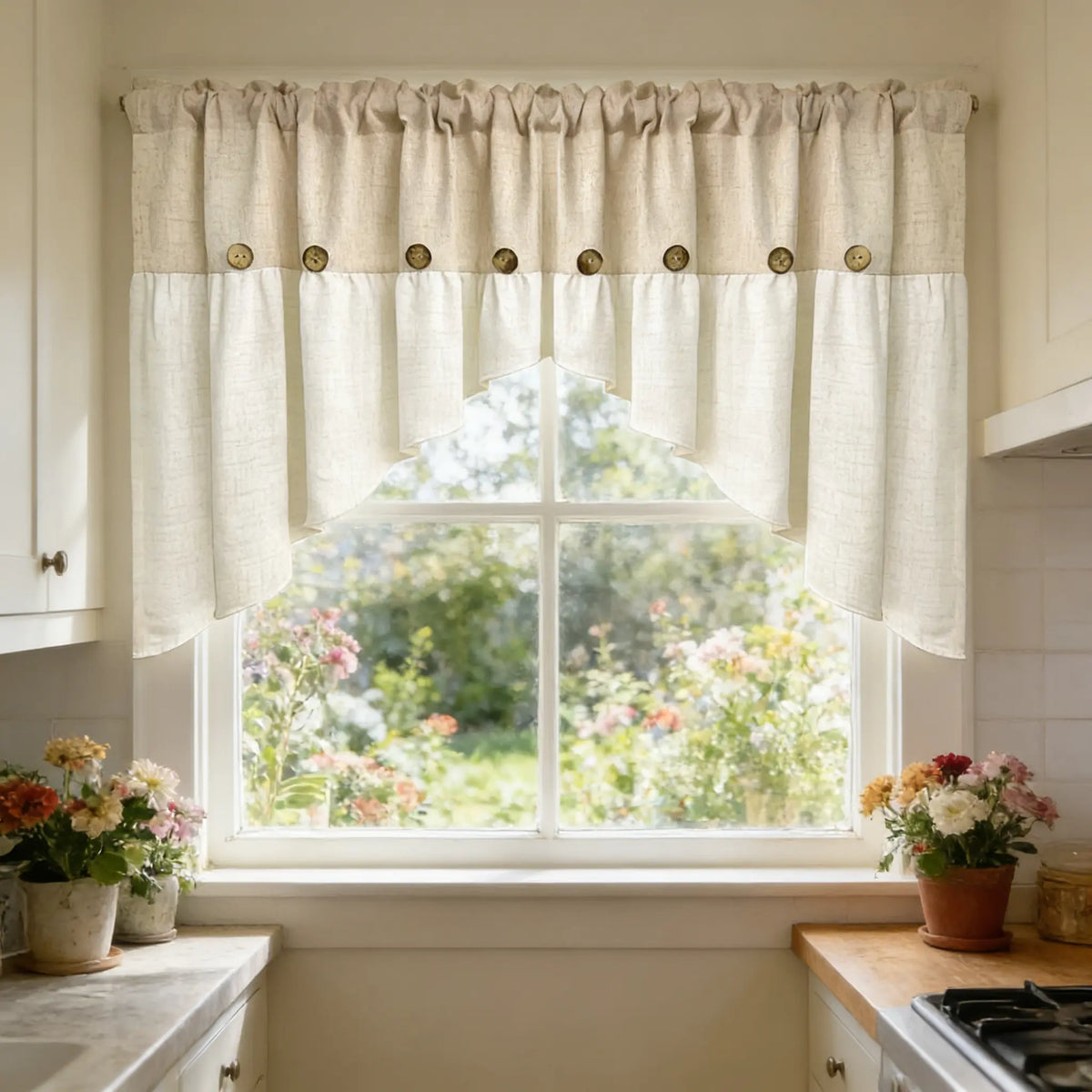 1PC Farmhouse Boho Linen Button Arched Valance Curtains