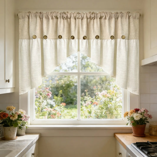 1PC Farmhouse Boho Linen Button Arched Valance Curtains