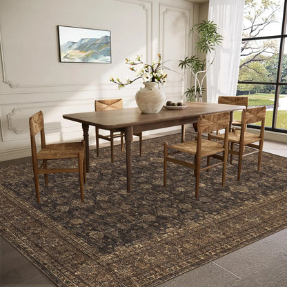 Washable Vintage Distressed Floral Area Rug | Ultra-Thin Low Pile, Non-Slip | Beige, Brown, Blue or Black | Sizes 2×6 to 10×13