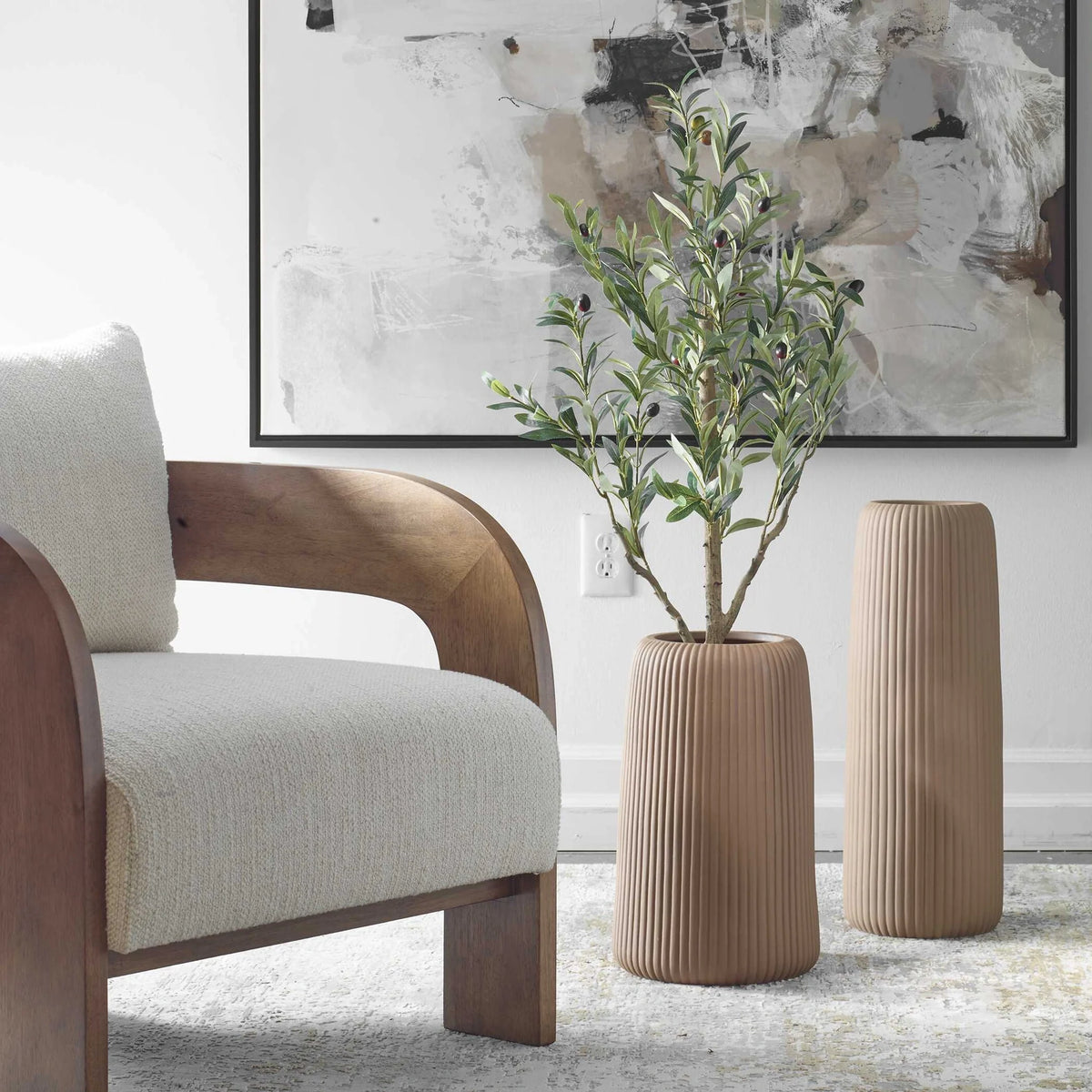 Light Brown Ribbed Vases, Set of 2