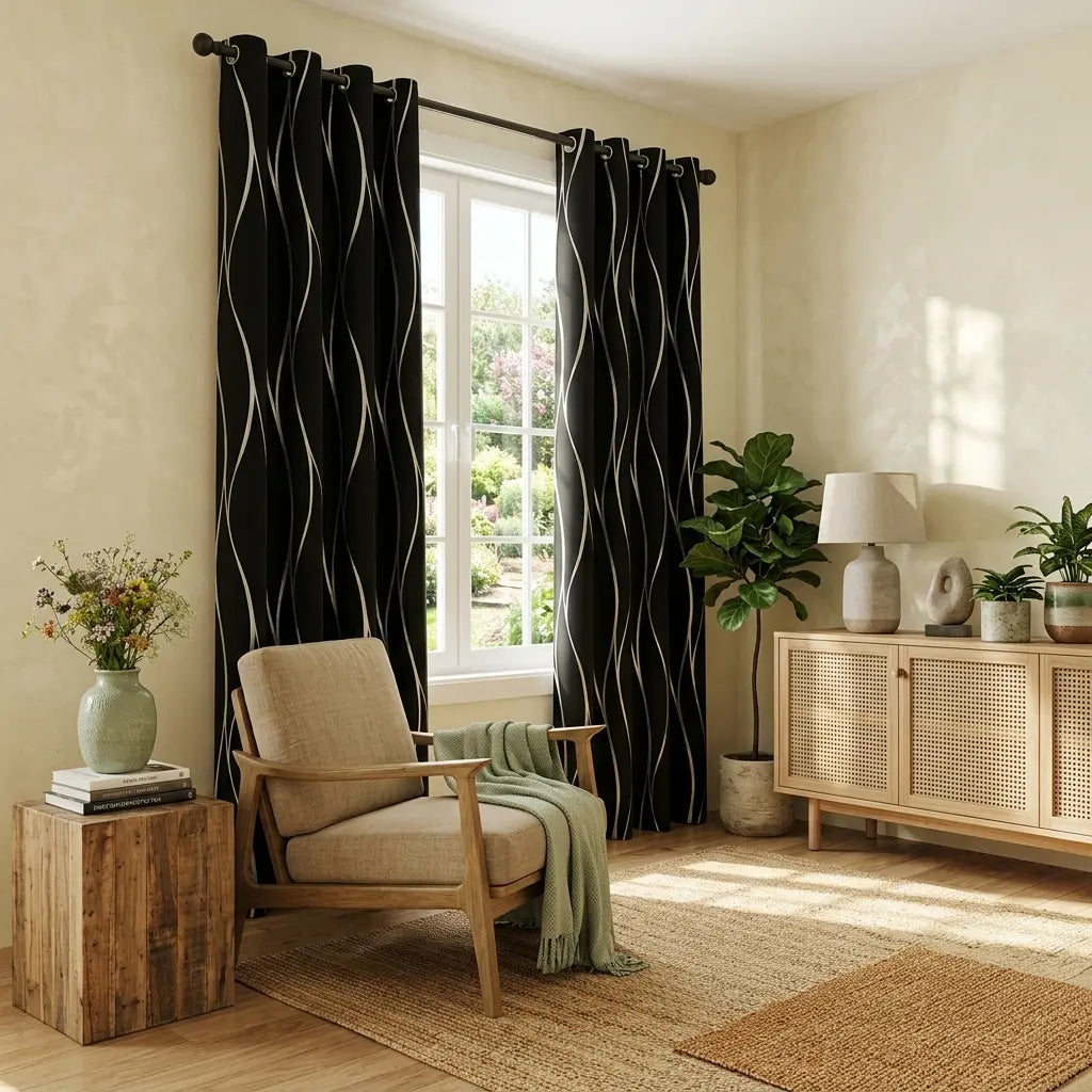 100% Blackout Curtains 52X84, Gold Silver Foil Wave Blackout Curtains for Living Room Bedroom, High Precision Polyester Thermal Insulated Grommet Drapes, Room Darkening Wavy Line Window Curtains, Beige Ivory Black, Set of 2 Panels