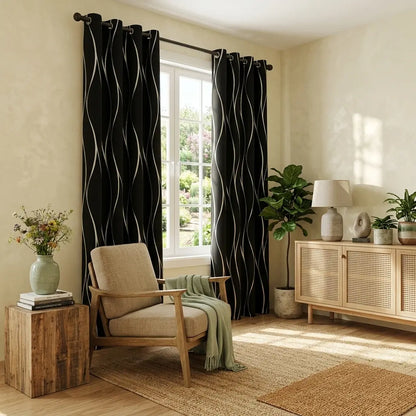 100% Blackout Curtains 52X84, Gold Silver Foil Wave Blackout Curtains for Living Room Bedroom, High Precision Polyester Thermal Insulated Grommet Drapes, Room Darkening Wavy Line Window Curtains, Beige Ivory Black, Set of 2 Panels